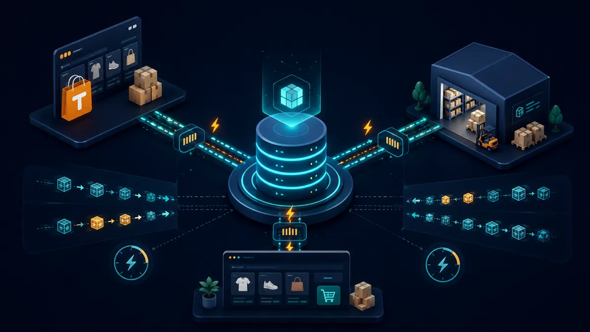 Event-driven çok kanallı stok senkronizasyonu mimari diyagramı